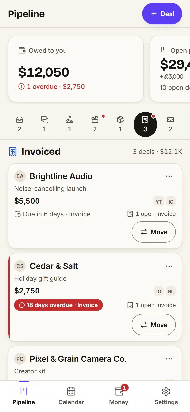 Pipeline board with demo data: In production, Delivered, Invoiced and Paid columns with their totals; brands owe $12,050, $2,750 of it overdue; paid this year $10,200.