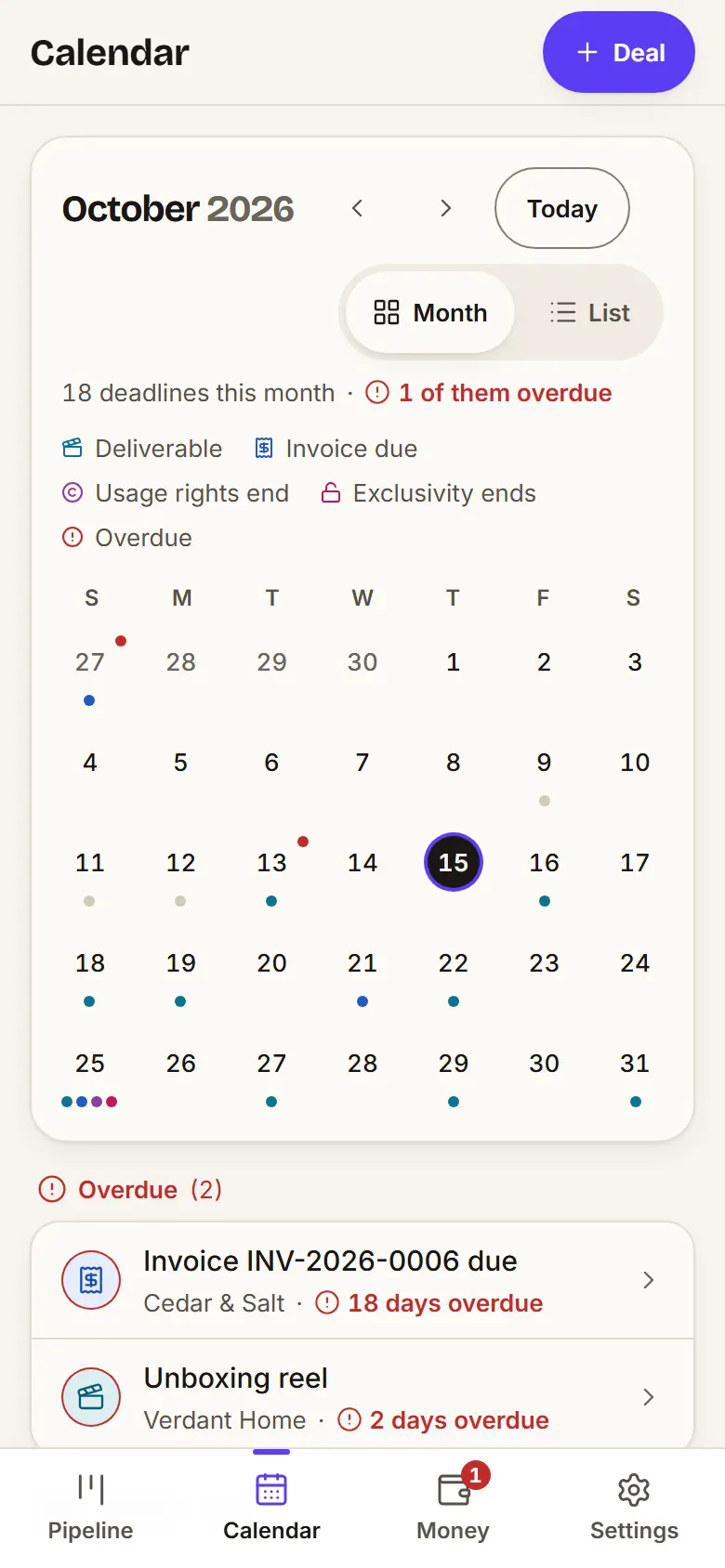 Calendar for October 2026 with demo data: deliverables, invoice due dates and usage-rights ends; one overdue reel outlined in red.